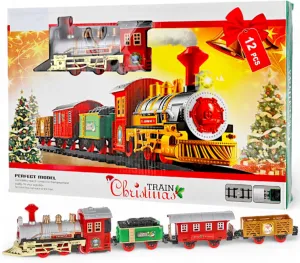 Christmas Train 12 Pieces: Nostalgic Christmas Train with Light and Sound, Includes Rails, Fir Trees & Carriages - Ideal for Christmas Decoration & Luminous Children's Eyes
