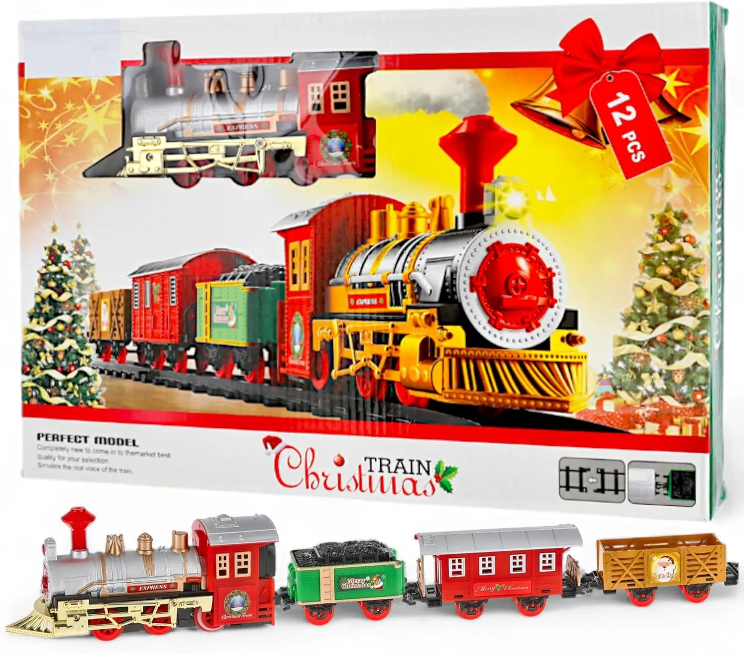 Christmas Train 12 Pieces: Nostalgic Christmas Train with Light and Sound, Includes Rails, Fir Trees & Carriages - Ideal for Christmas Decoration & Luminous Children's Eyes