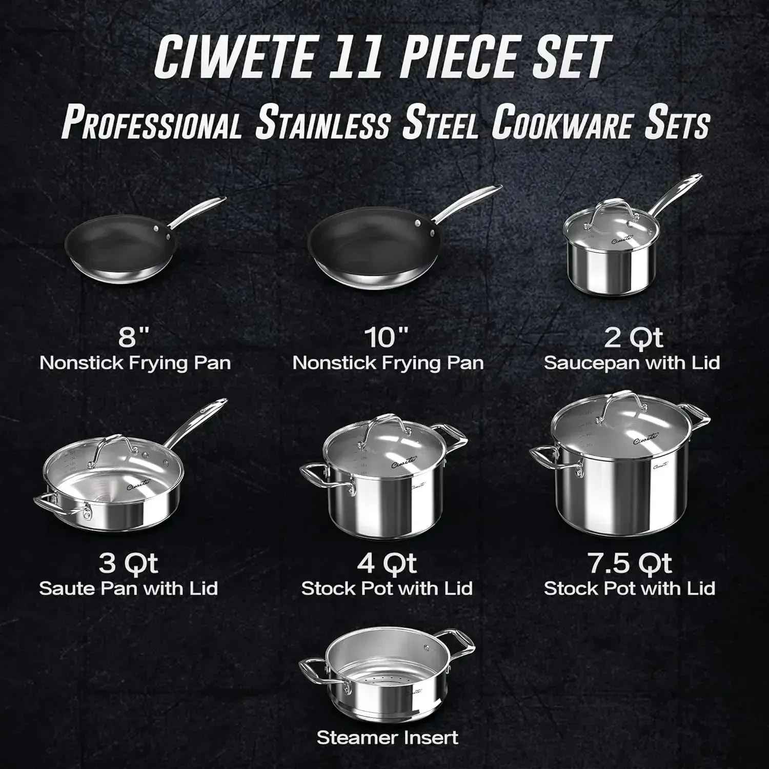 Ciwete 11-Piece Stainless Steel Non-Stick Cookware Set