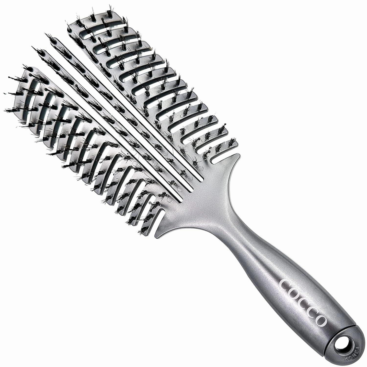 Cocco Vented Boar Brush, Curved Detangling & Styling Tool with Boar & Nylon Bristles, Silver