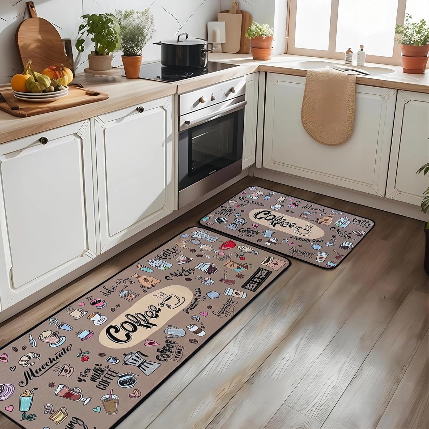 Coffee Kitchen Rugs,Non Skid Washable Microfiber mats for Kitchen Floor,Coffee Theme Kitchen Cushioned Runner Rug Decor Sets of 2 Pieces,17"x 47" 17"x 30"