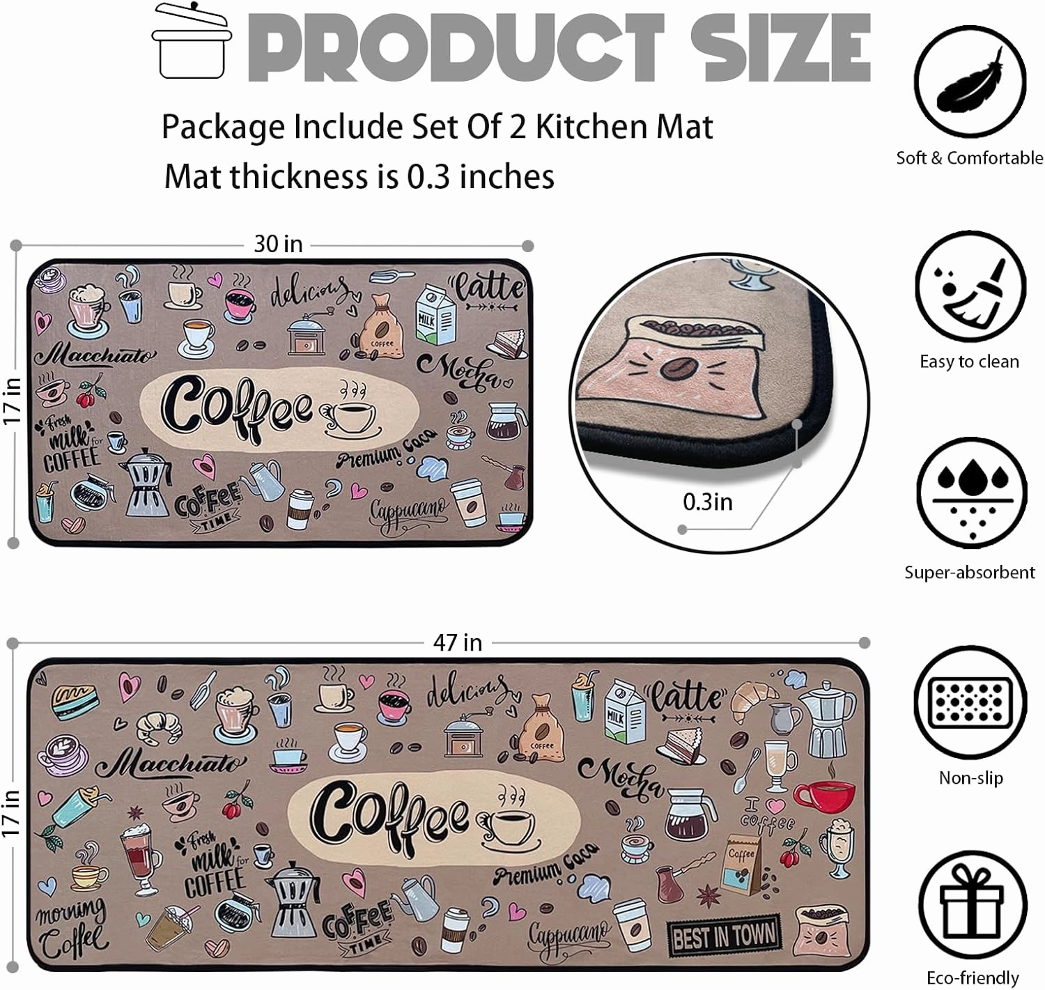 Coffee Kitchen Rugs,Non Skid Washable Microfiber mats for Kitchen Floor,Coffee Theme Kitchen Cushioned Runner Rug Decor Sets of 2 Pieces,17"x 47" 17"x 30"