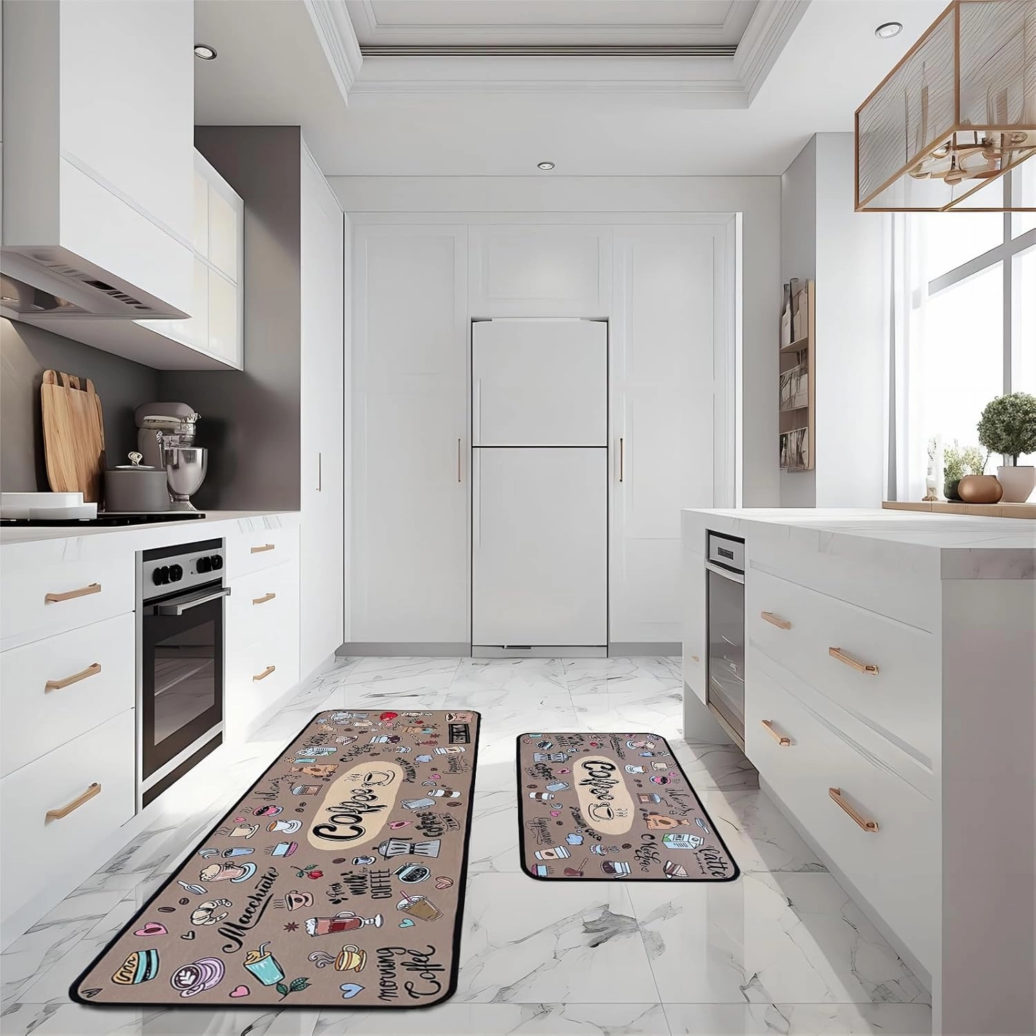 Coffee Kitchen Rugs,Non Skid Washable Microfiber mats for Kitchen Floor,Coffee Theme Kitchen Cushioned Runner Rug Decor Sets of 2 Pieces,17"x 47" 17"x 30"