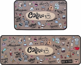 Coffee Kitchen Rugs,Non Skid Washable Microfiber mats for Kitchen Floor,Coffee Theme Kitchen Cushioned Runner Rug Decor Sets of 2 Pieces,17"x 47" 17"x 30"