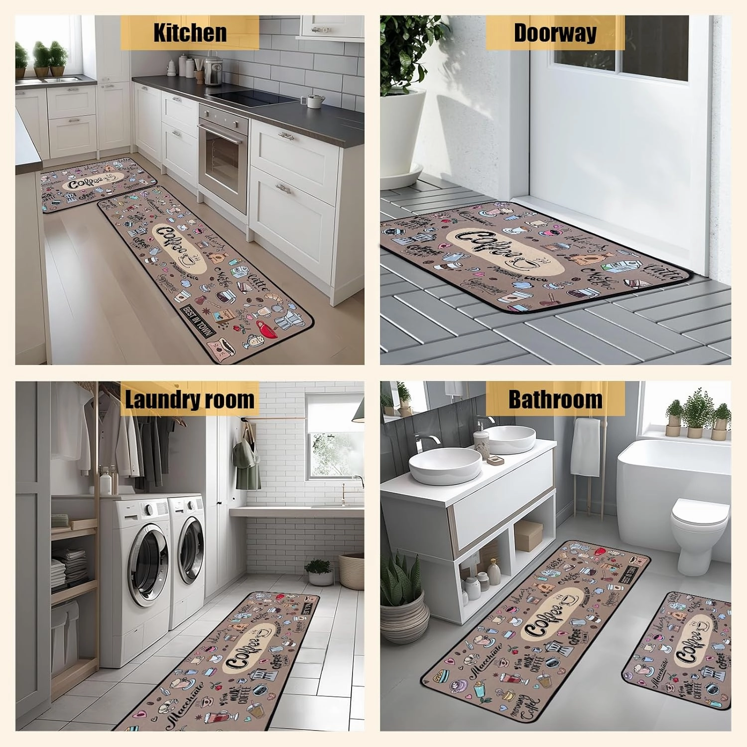 Coffee Kitchen Rugs,Non Skid Washable Microfiber mats for Kitchen Floor,Coffee Theme Kitchen Cushioned Runner Rug Decor Sets of 2 Pieces,17"x 47" 17"x 30"