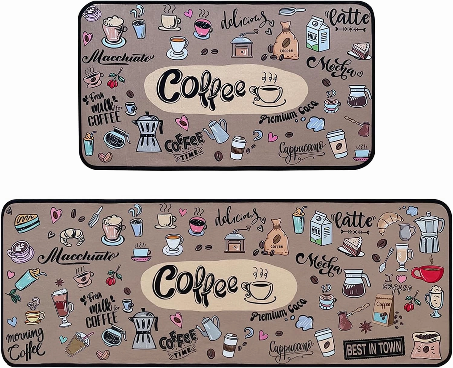 Coffee Kitchen Rugs,Non Skid Washable Microfiber mats for Kitchen Floor,Coffee Theme Kitchen Cushioned Runner Rug Decor Sets of 2 Pieces,17"x 47" 17"x 30"