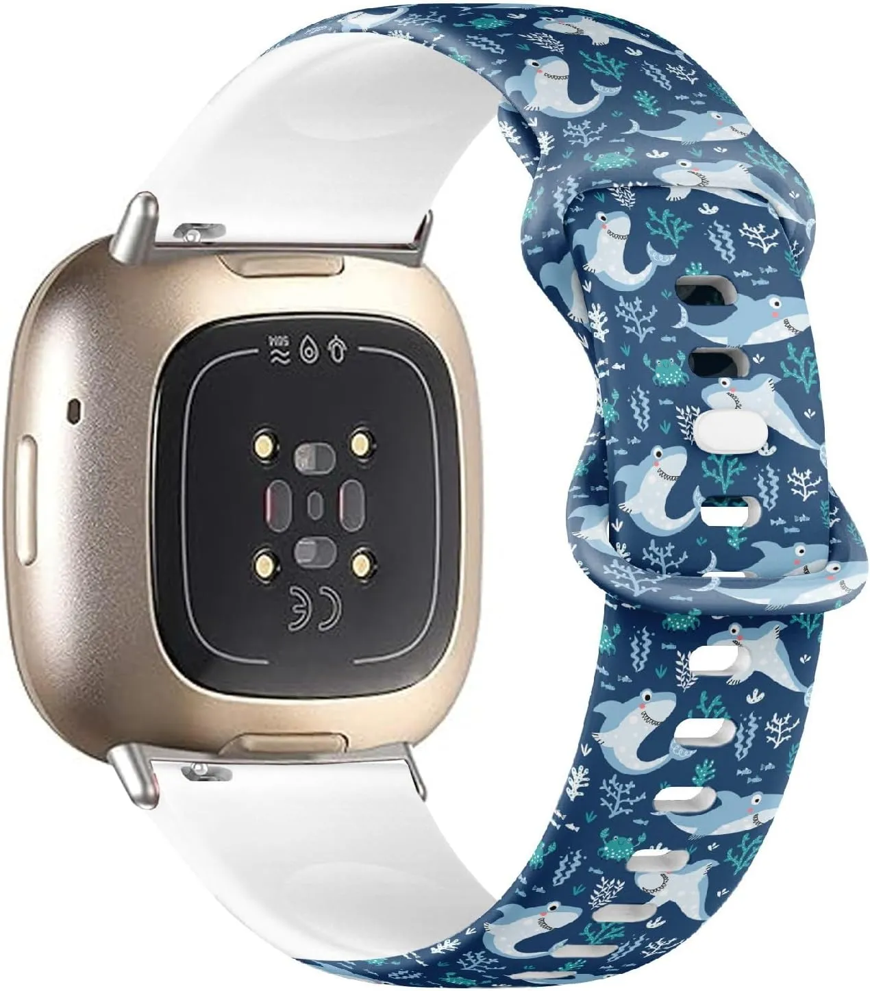 Compatible with Fitbit Sense/Sense 2 / Versa 4 / Versa 3, Replacement Sport Watch Band (Cute Sharks Fishes On) Silicone Soft Strap Bracelet