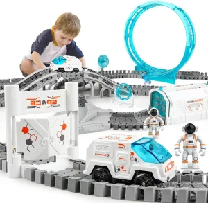 Construction Race Track, Space Train Track Set, 205 PCS DIY Flexible Tracks Play Set for Boys 4-7 with Light up Space Car Station Astronaut, for Toddlers Kids Girls 3-12
