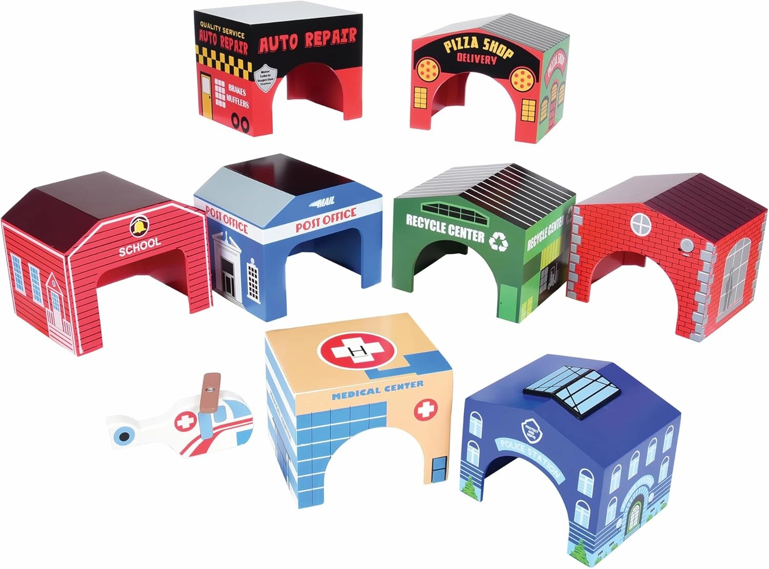 Constructive Playthings Wooden Blocks, Community Buildings And Helicopter, Durable Hardwood, Ages 3 Years And Older Toddler Toys, Imaginative Play, Set Of 8
