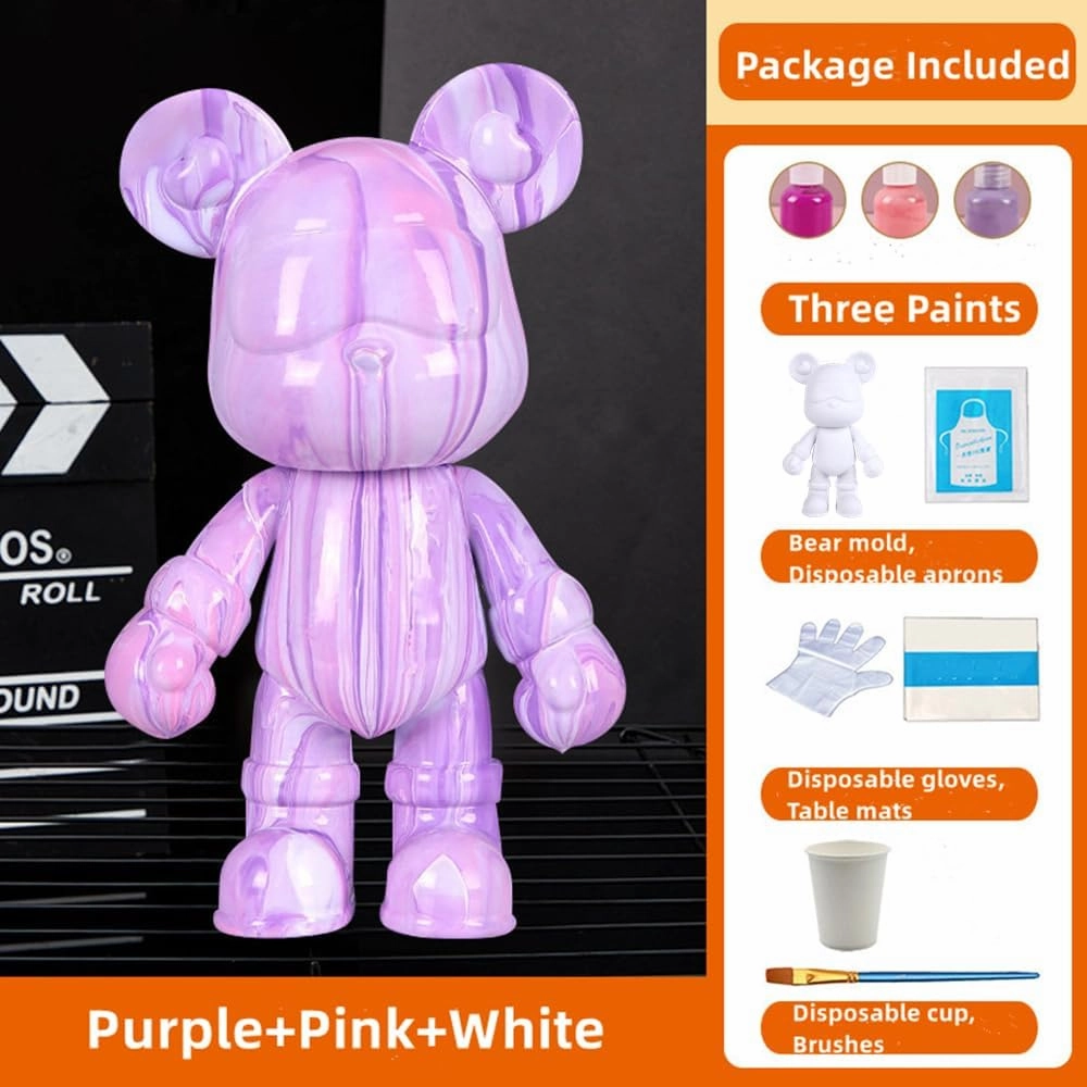COokx HANDA Creative DIY Fluid Bear Painting Kit Teddy Bear with Acrylic Paints. Home Decorations Handmade Doll Figurine Toys Gift for Birthday Valentines (9 inch, Purple Pink White), UD8212