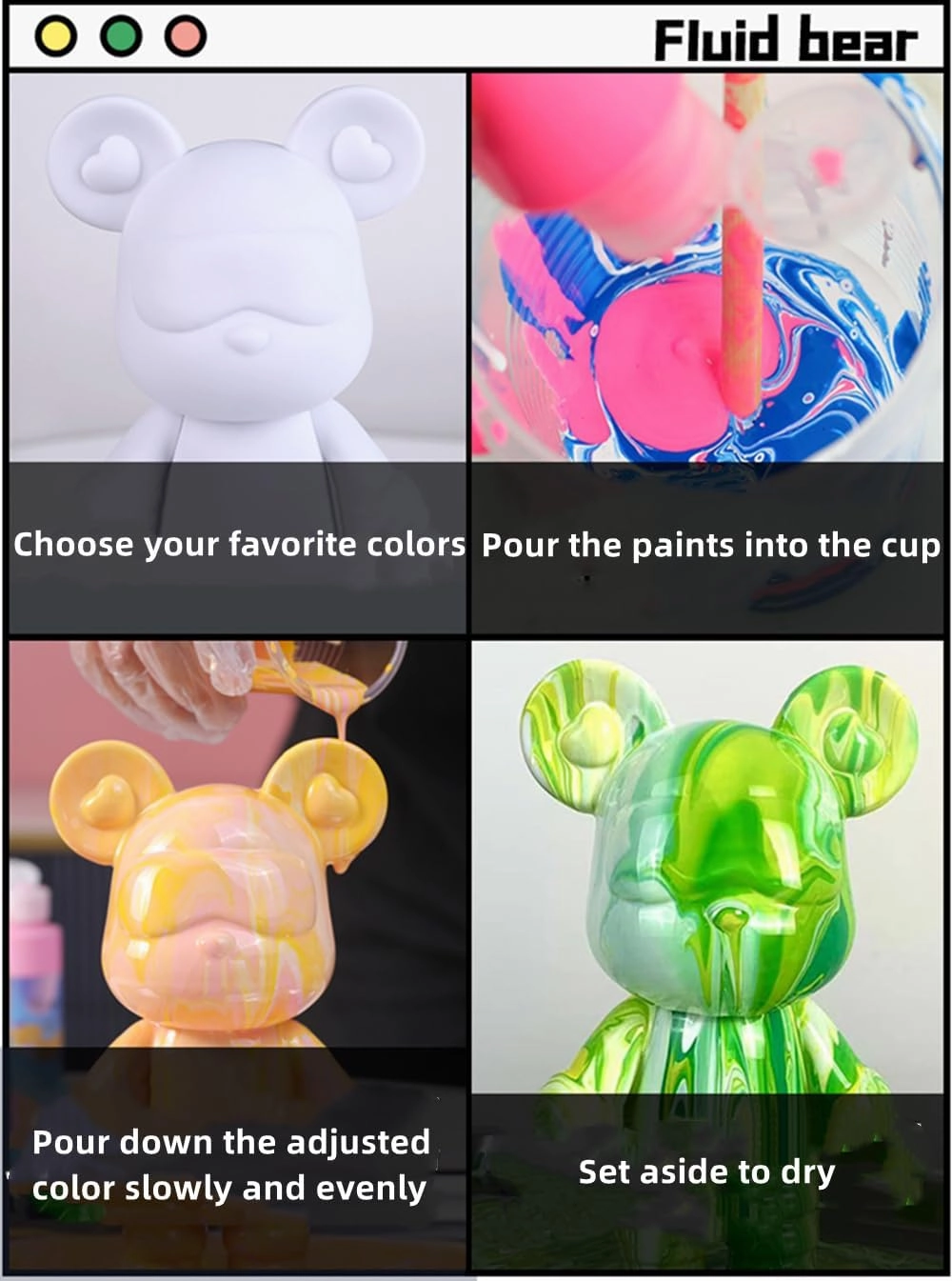 COokx HANDA Creative DIY Fluid Bear Painting Kit Teddy Bear with Acrylic Paints. Home Decorations Handmade Doll Figurine Toys Gift for Birthday Valentines (9 inch, Purple Pink White), UD8212