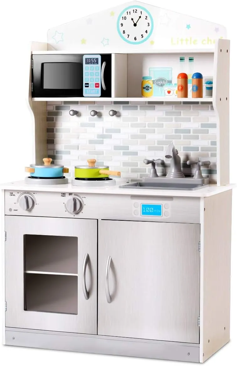 Costzon Kids Kitchen Playset, Wooden Pretend Chef Cooking Toy Kitchen with Realistic Sound, Microwave, Sink, Cookware Accessories, Play Kitchen for Toddlers, Boys, Girls, Gift for Ages 3 