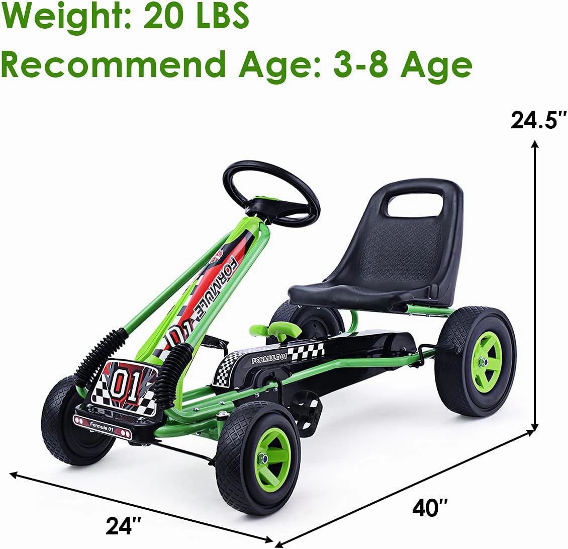 Costzon Go Kart for Kids, 4 Wheel Off-Road Pedal Go Cart w/Adjustable Seat, Steering Wheel, 2 Safety Brakes, EVA Rubber Tires, Ride-On Toys for Boys & Girls, Outdoor Racer Ride On Pedal Car (Green)