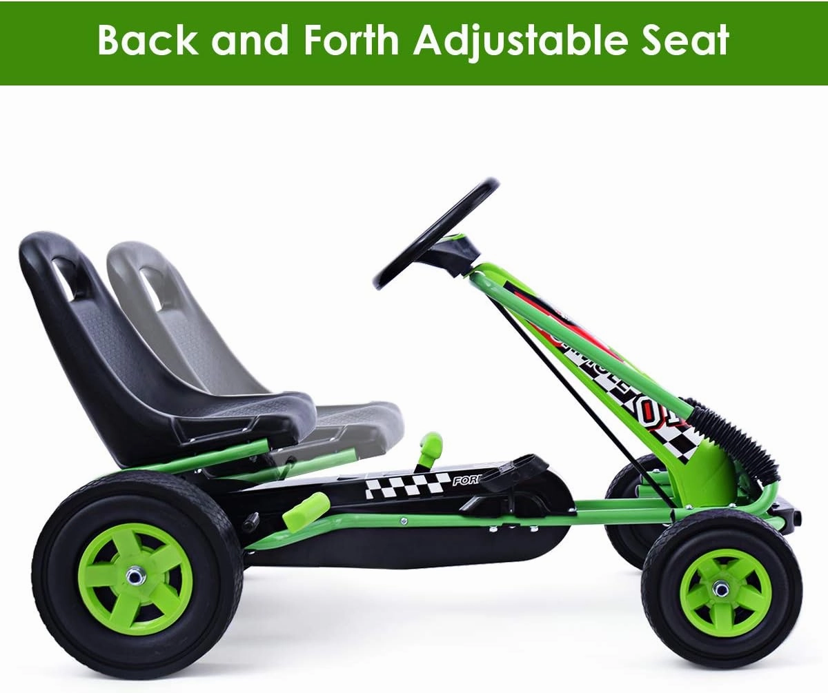 Costzon Go Kart for Kids, 4 Wheel Off-Road Pedal Go Cart w/Adjustable Seat, Steering Wheel, 2 Safety Brakes, EVA Rubber Tires, Ride-On Toys for Boys & Girls, Outdoor Racer Ride On Pedal Car (Green)