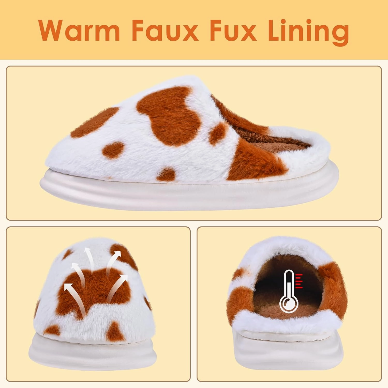 Cow Print Fuzzy Plush Slippers for Women Men, Non-Slip Fluffy Winter House Shoes, Indoor Soft Warm Faux Fur Lining Bedroom Slides