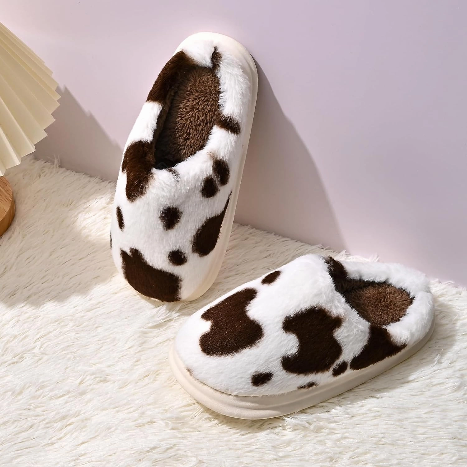 Cow Print Fuzzy Plush Slippers for Women Men, Non-Slip Fluffy Winter House Shoes, Indoor Soft Warm Faux Fur Lining Bedroom Slides