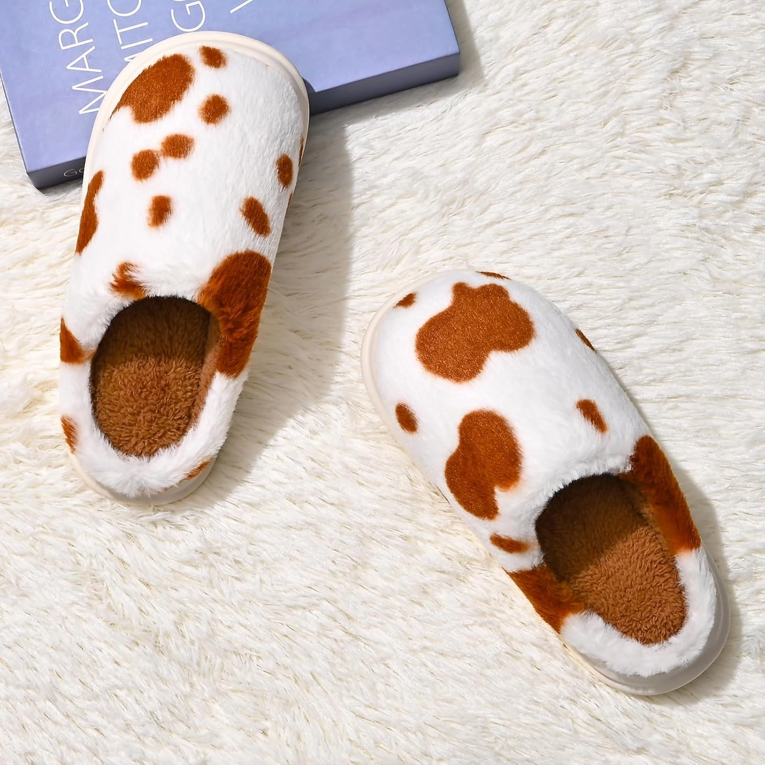 Cow Print Fuzzy Plush Slippers for Women Men, Non-Slip Fluffy Winter House Shoes, Indoor Soft Warm Faux Fur Lining Bedroom Slides