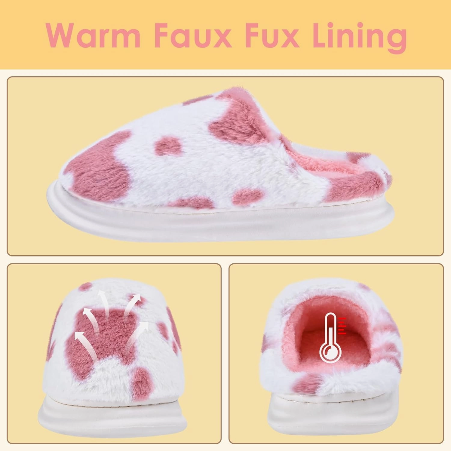 Cow Print Fuzzy Plush Slippers for Women Men, Non-Slip Fluffy Winter House Shoes, Indoor Soft Warm Faux Fur Lining Bedroom Slides