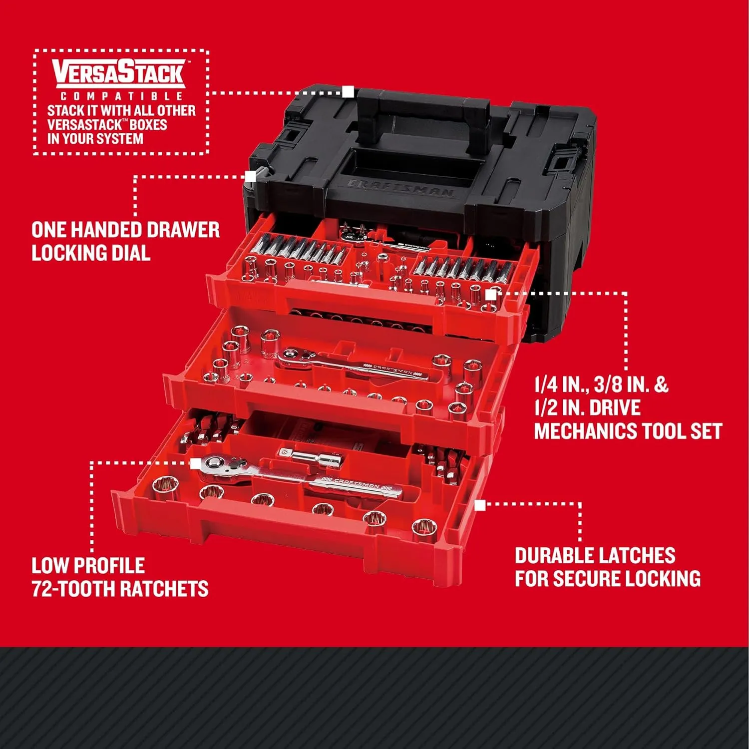 Craftsman VERSASTACK Mechanics Tool Set, 1/4 in, 3/8 in, and 1/2 in Drive, 230 Piece (CMMT45306)