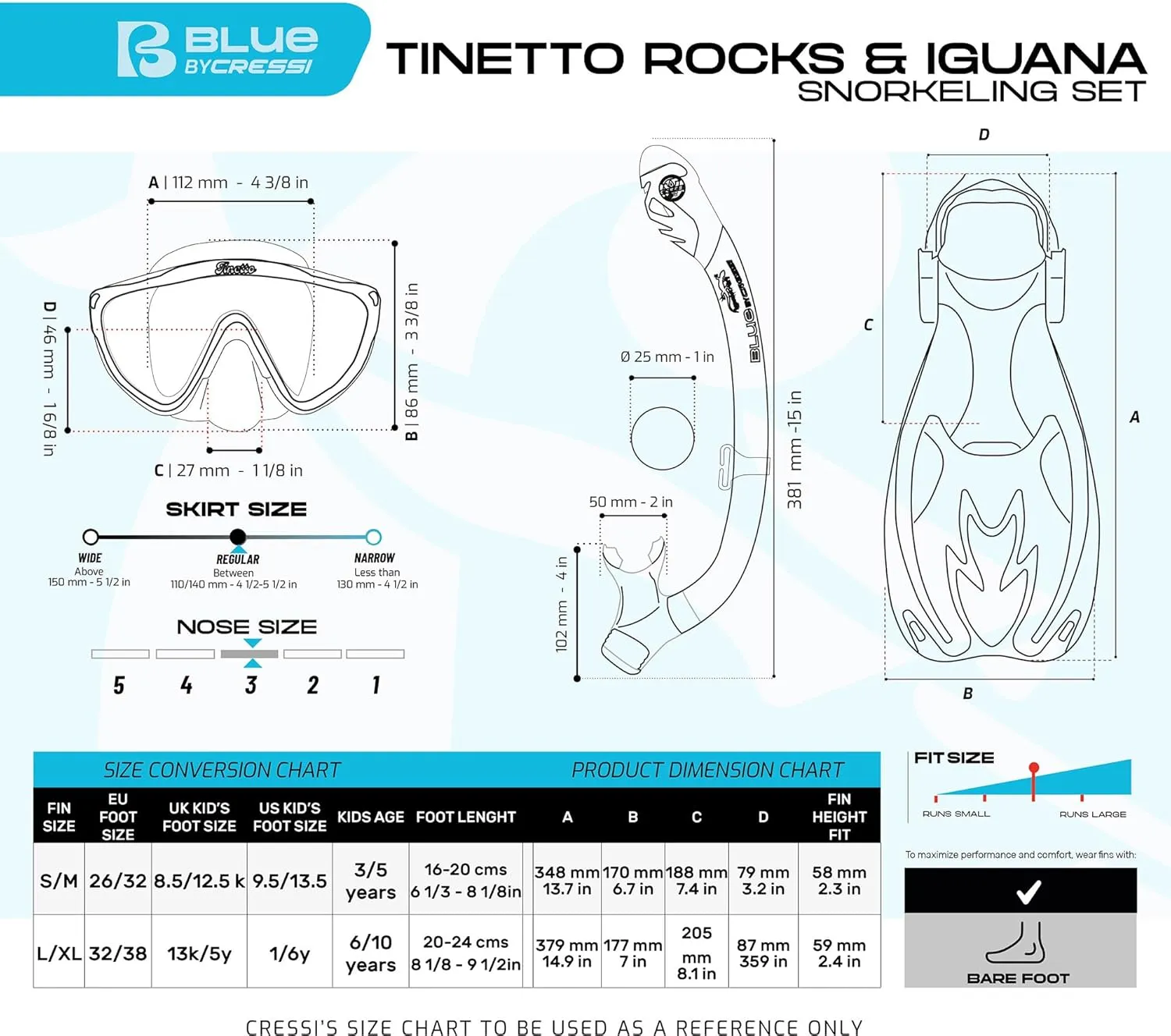 Cressi Kids Snorkeling Set- Short Adjustable Fins, Silicone Mask, and Dry Snorkel- Tinetto Rocks Dry Set- Designed in Italy