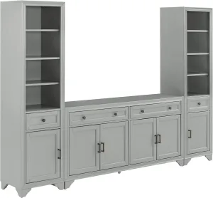 Crosley Furniture Tara 3-Piece Modern Farmhouse Sideboard Buffet Cabinet and Bookcase Set with Storage, Distressed Gray