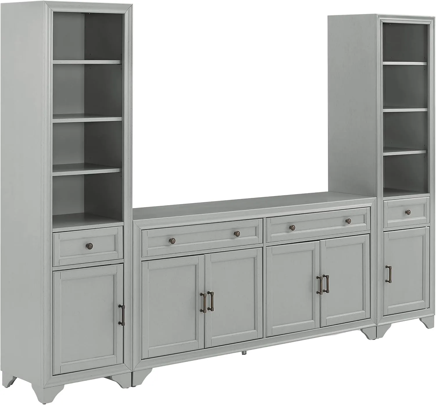 Crosley Furniture Tara 3-Piece Modern Farmhouse Sideboard Buffet Cabinet and Bookcase Set with Storage, Distressed Gray