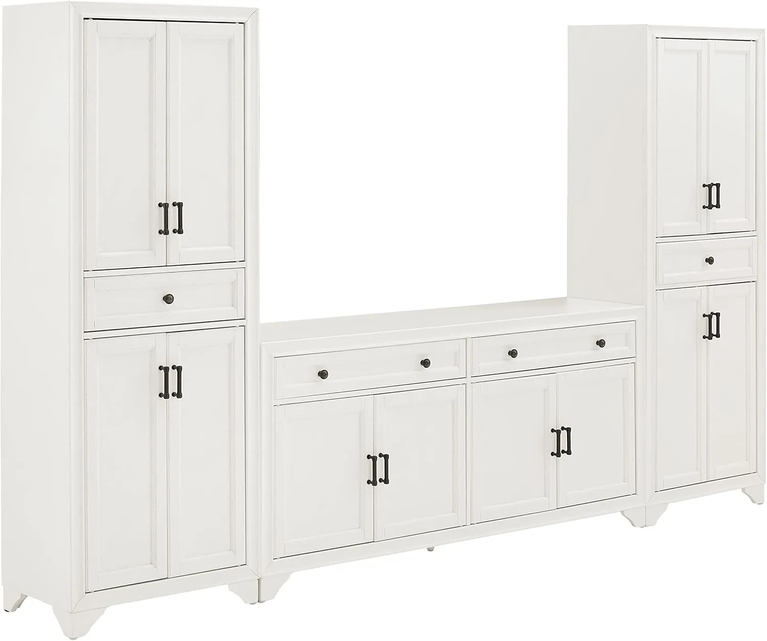 Crosley Furniture Tara 3-Piece Modern Farmhouse Sideboard Buffet Cabinet and Kitchen Storage Pantry Set, Distressed White
