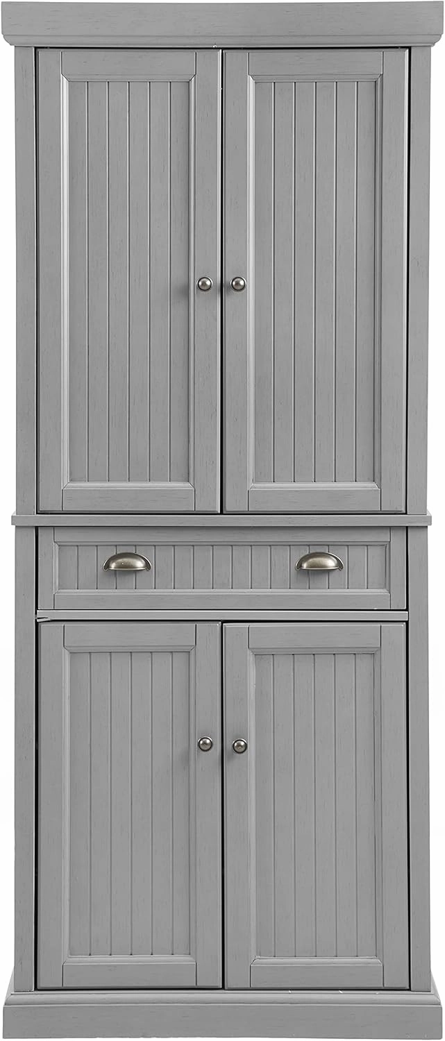 Crosley Furniture Seaside Coastal Pantry Storage Cabinet with Shelves, Kitchen, Dining, or Laundry Room, Distressed Gray