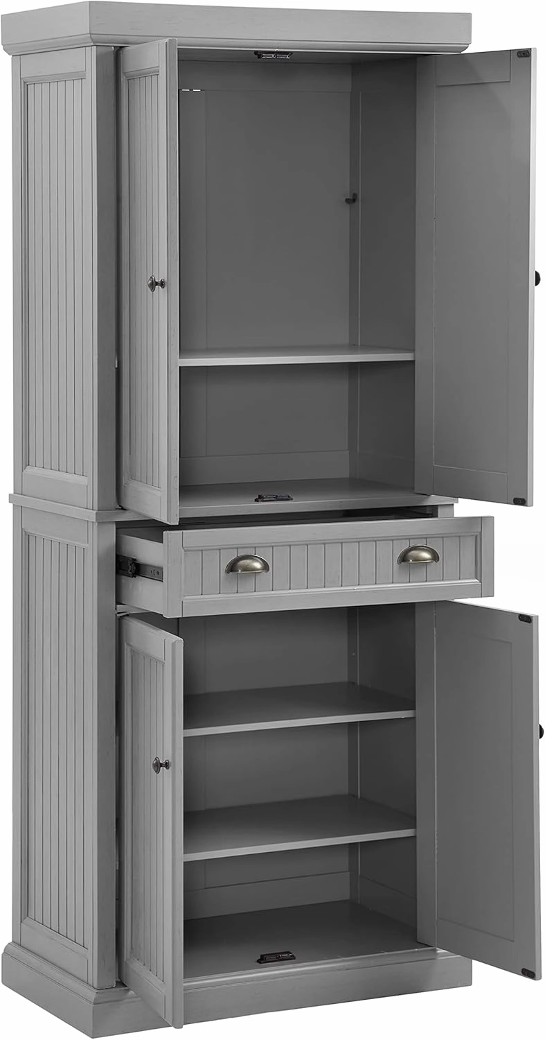 Crosley Furniture Seaside Coastal Pantry Storage Cabinet with Shelves, Kitchen, Dining, or Laundry Room, Distressed Gray