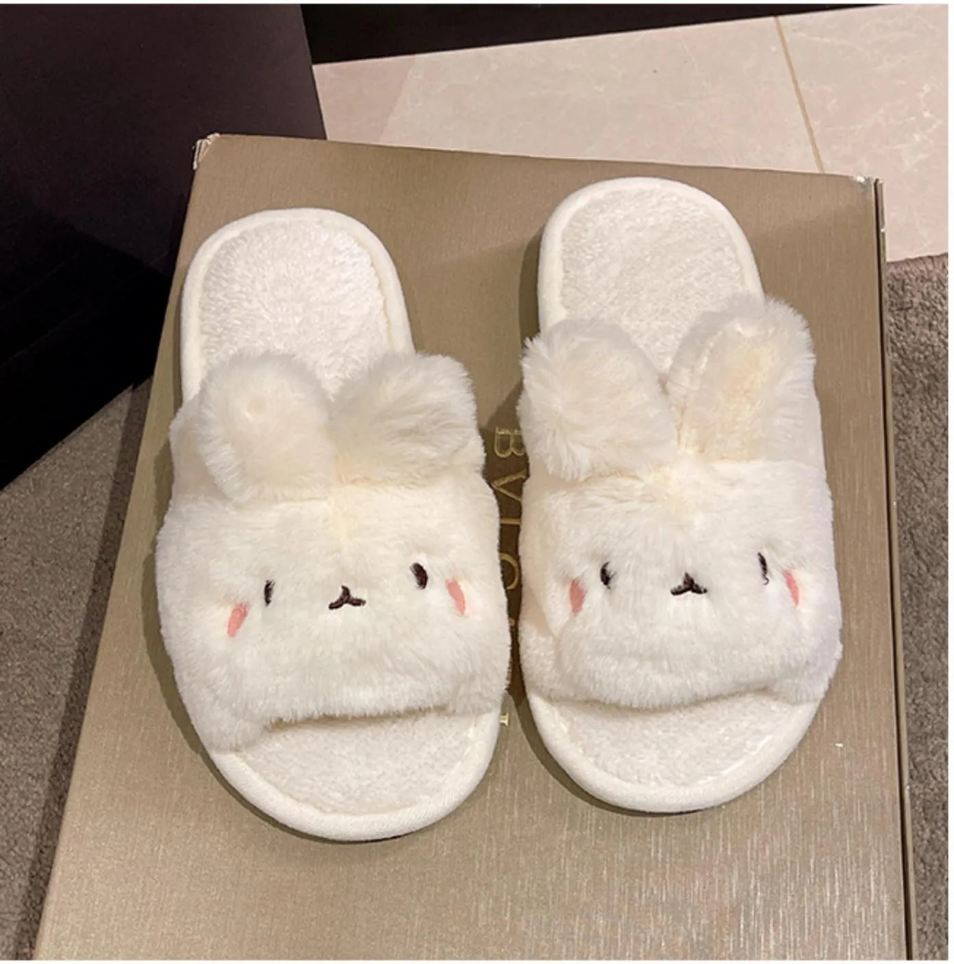 Cute Bunny Open-Toe Slippers Rabbit Warm Winter Wear Soft Plush Comfort Stuff Slippers Cozy Fluffy Home Indoor House Shoes