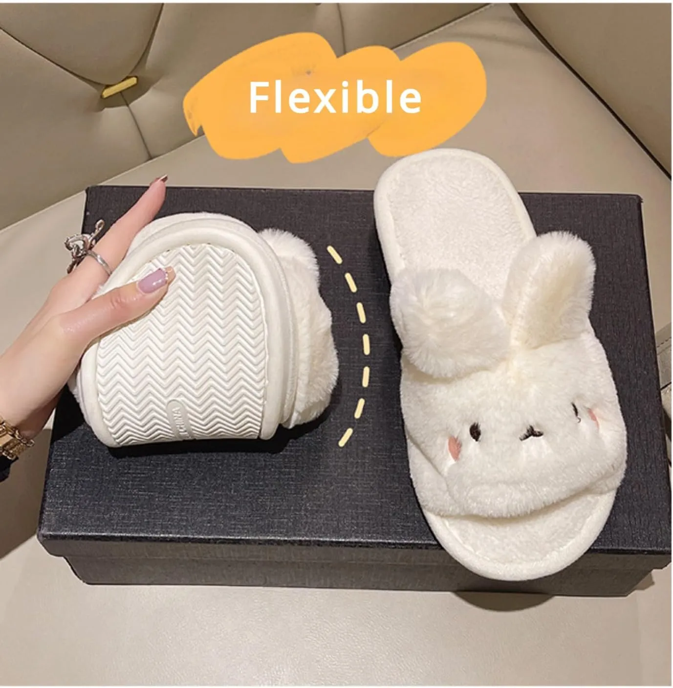 Cute Bunny Open-Toe Slippers Rabbit Warm Winter Wear Soft Plush Comfort Stuff Slippers Cozy Fluffy Home Indoor House Shoes
