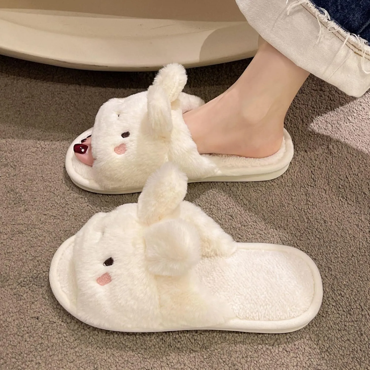 Cute Bunny Open-Toe Slippers Rabbit Warm Winter Wear Soft Plush Comfort Stuff Slippers Cozy Fluffy Home Indoor House Shoes