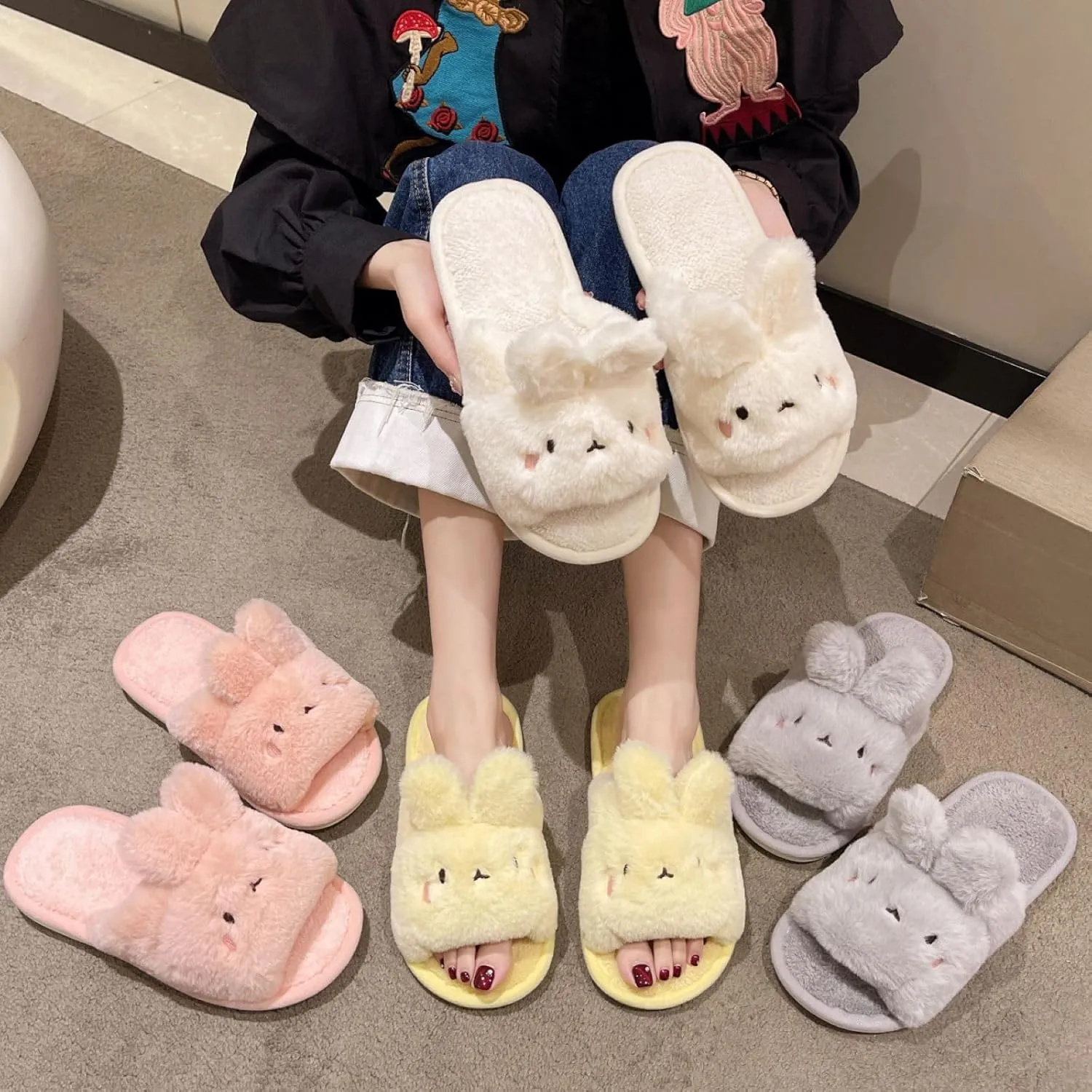 Cute Bunny Open-Toe Slippers Rabbit Warm Winter Wear Soft Plush Comfort Stuff Slippers Cozy Fluffy Home Indoor House Shoes