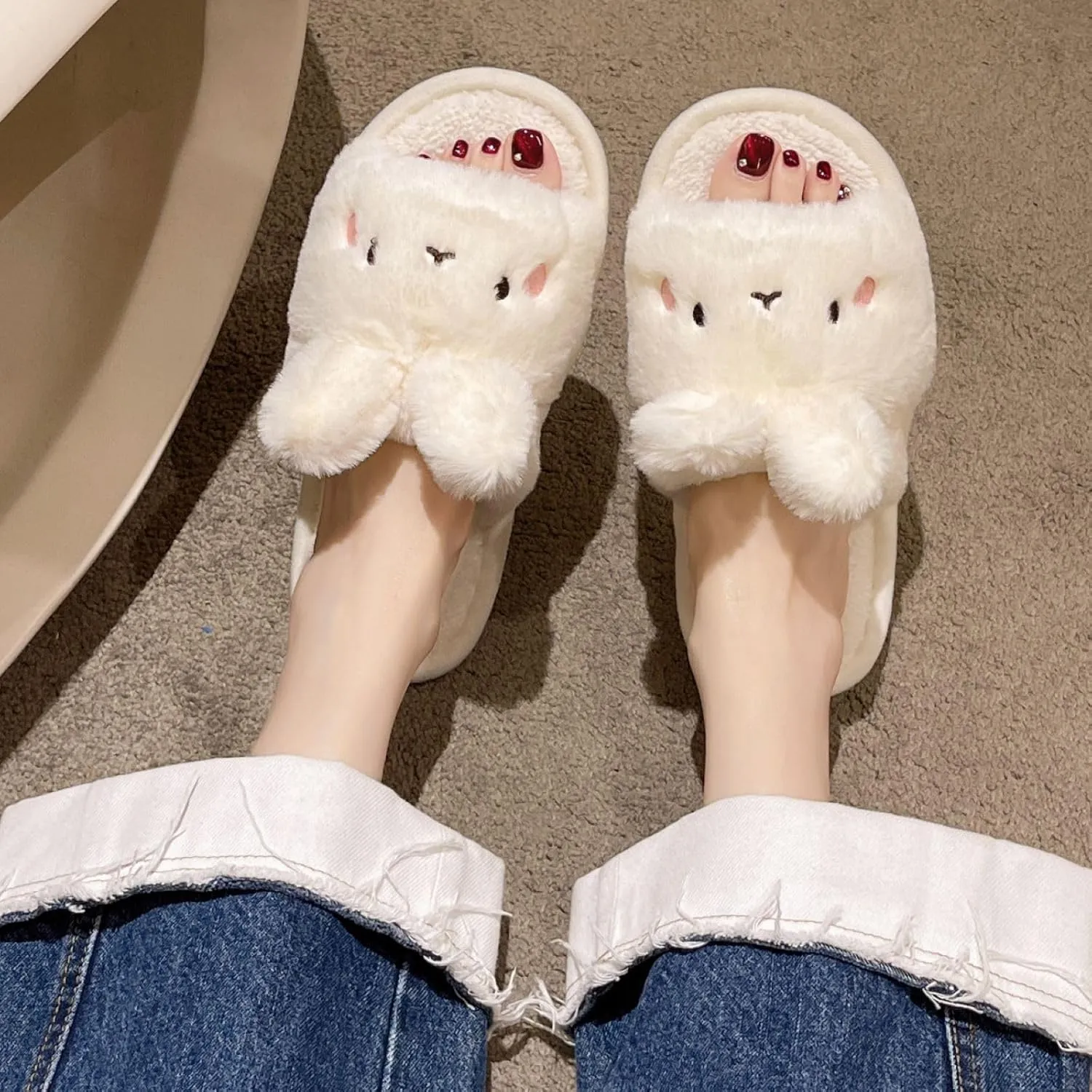 Cute Bunny Open-Toe Slippers Rabbit Warm Winter Wear Soft Plush Comfort Stuff Slippers Cozy Fluffy Home Indoor House Shoes