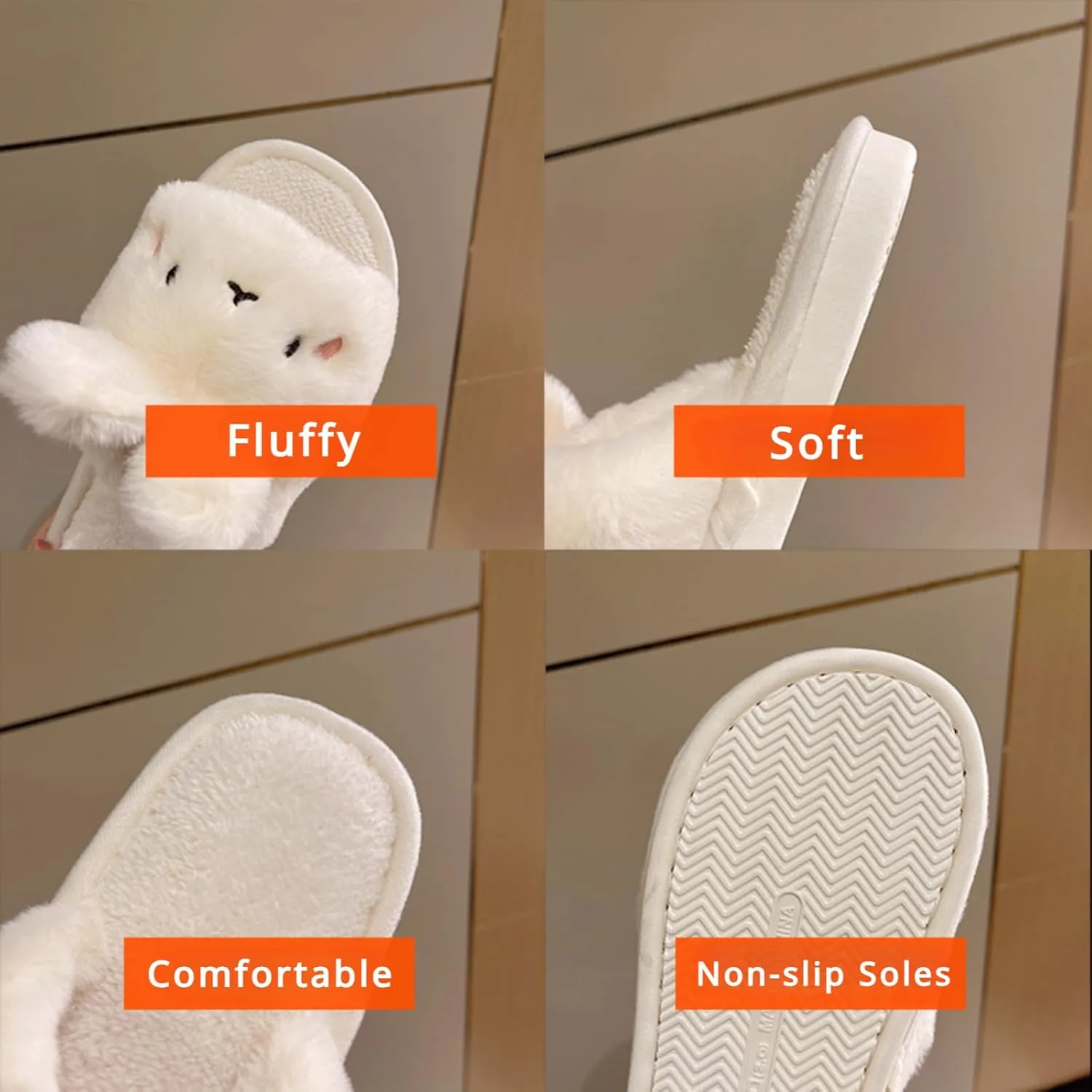 Cute Bunny Open-Toe Slippers Rabbit Warm Winter Wear Soft Plush Comfort Stuff Slippers Cozy Fluffy Home Indoor House Shoes