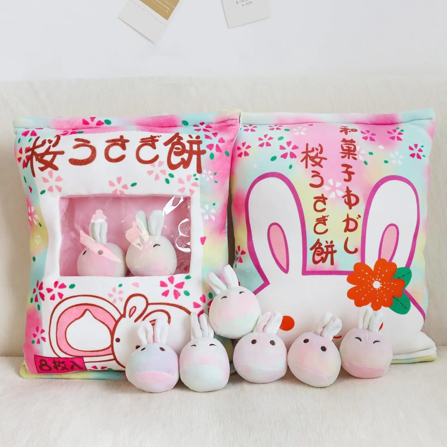 Cute Bunny Plush Pillow with Plushies, Stuffed Bunny Gift for Kids, Kawaii Rabbit Pudding Toy for Christmas (Colorful)