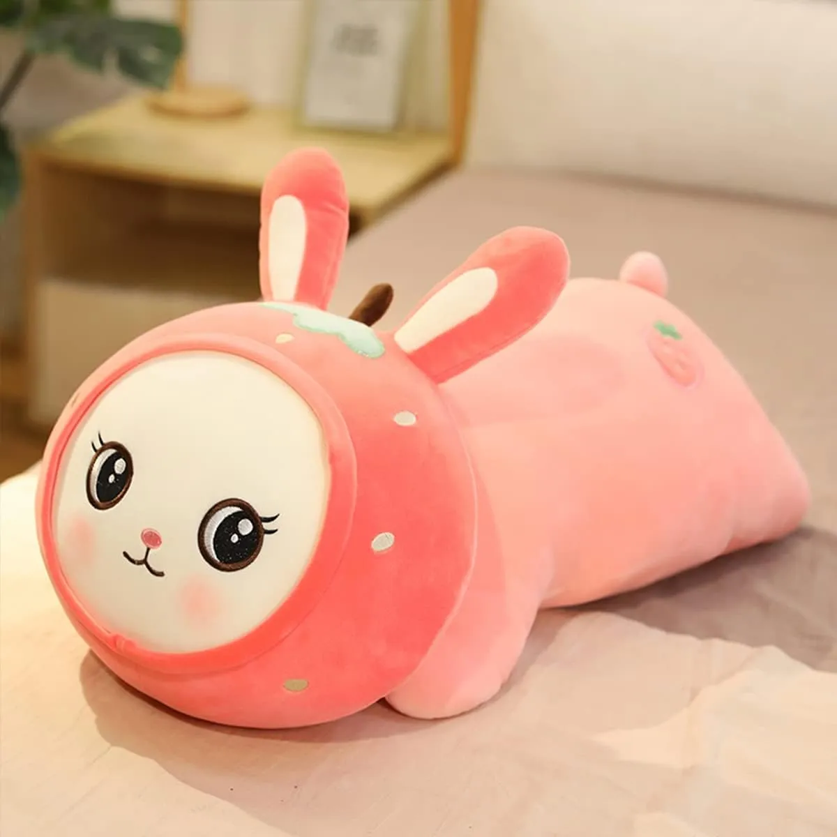 Cute Bunny Plush Stuffed Animal Pillow Soft Strawberry Rabbit Hugging Pillow Toy Doll, Kawaii Plushie for Home Decor Accompany Plush for Friends Family Birthday 22in