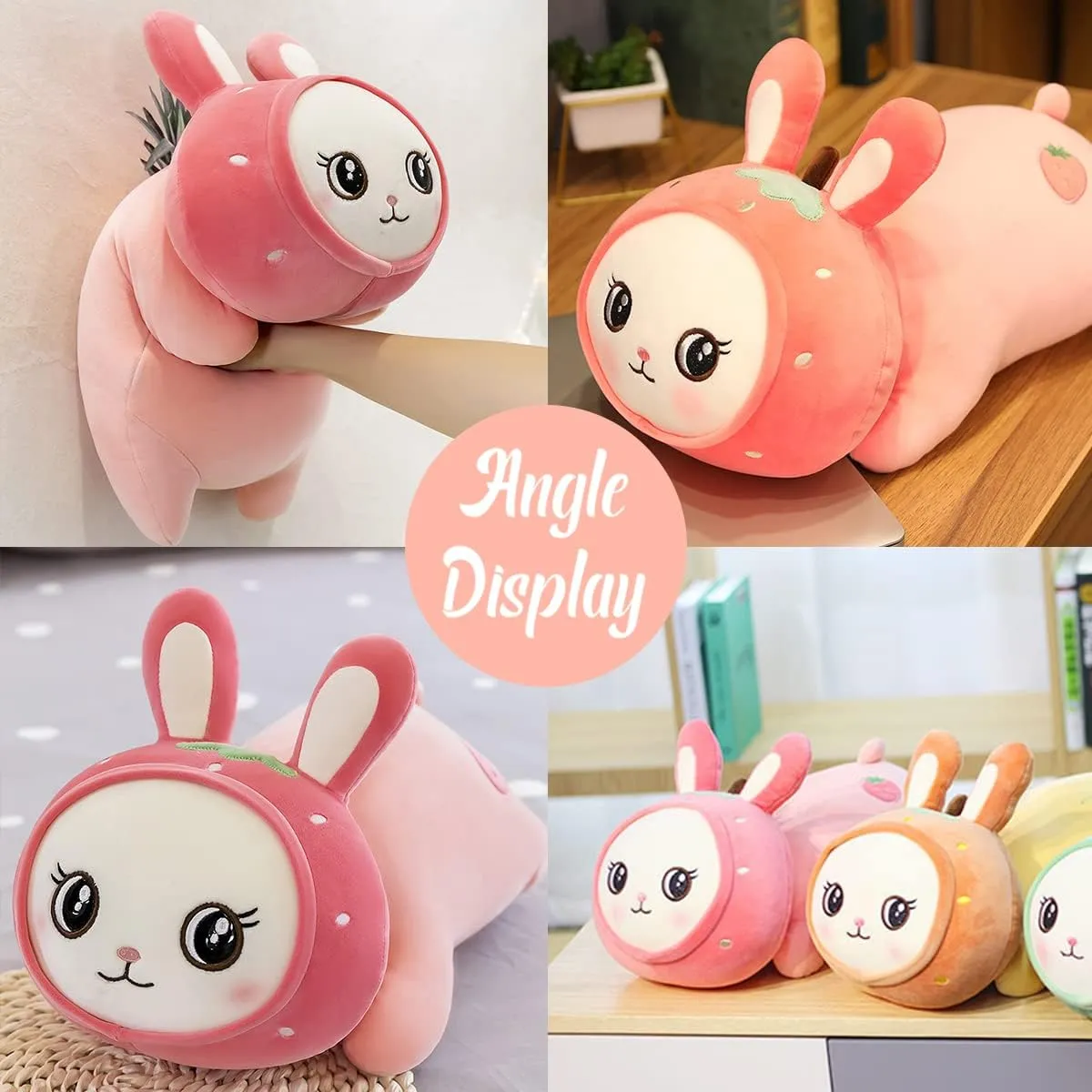 Cute Bunny Plush Stuffed Animal Pillow Soft Strawberry Rabbit Hugging Pillow Toy Doll, Kawaii Plushie for Home Decor Accompany Plush for Friends Family Birthday 22in
