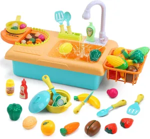 CUTE STONE Kids Pretend Play Sink with Running Water, Toddler Sink Toy with Upgraded Electric Faucet, Play Kitchen Accessories, Cooking Stove, Vegetable Garden Toys, STEM Learning Gift for Ages 3 