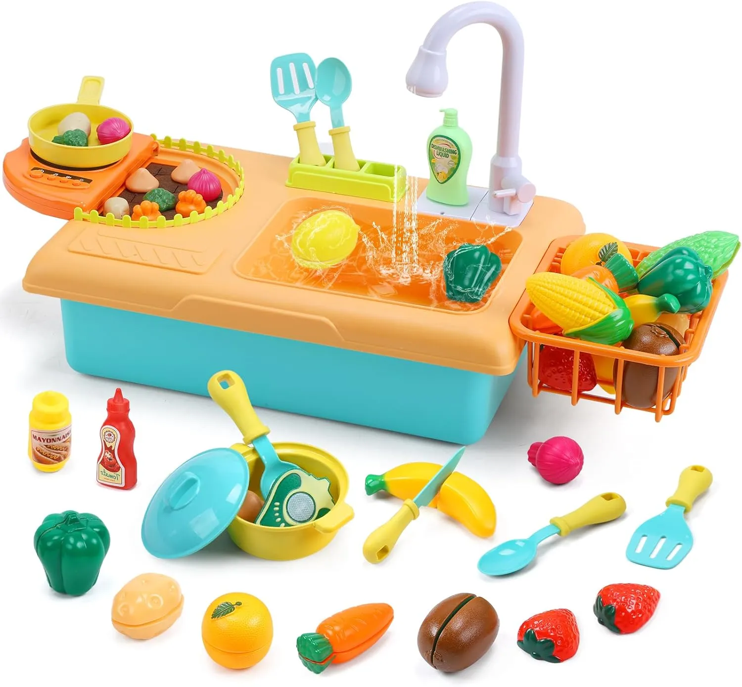 CUTE STONE Kids Pretend Play Sink with Running Water, Toddler Sink Toy with Upgraded Electric Faucet, Play Kitchen Accessories, Cooking Stove, Vegetable Garden Toys, STEM Learning Gift for Ages 3 