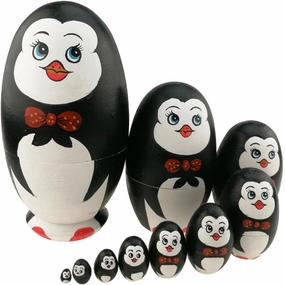 Cute Animal Theme Penguin with Bowtie Egg Shape Wooden Handmade Nesting Dolls Matryoshka Dolls Set 10 Pieces for Kids Toy Birthday Home Kids Room Decoration
