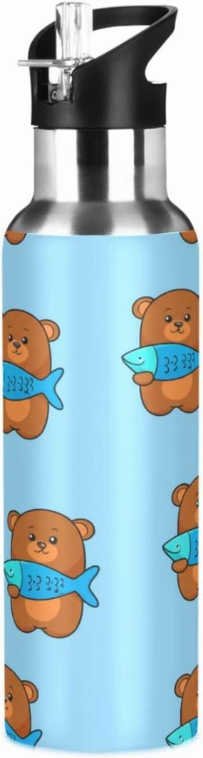 Cute Bear Sports Water Bottle with Straw, 22oz BPA Free Stainless Steel Vacuum Insulated Bottle for Gym Fitness Outdoor