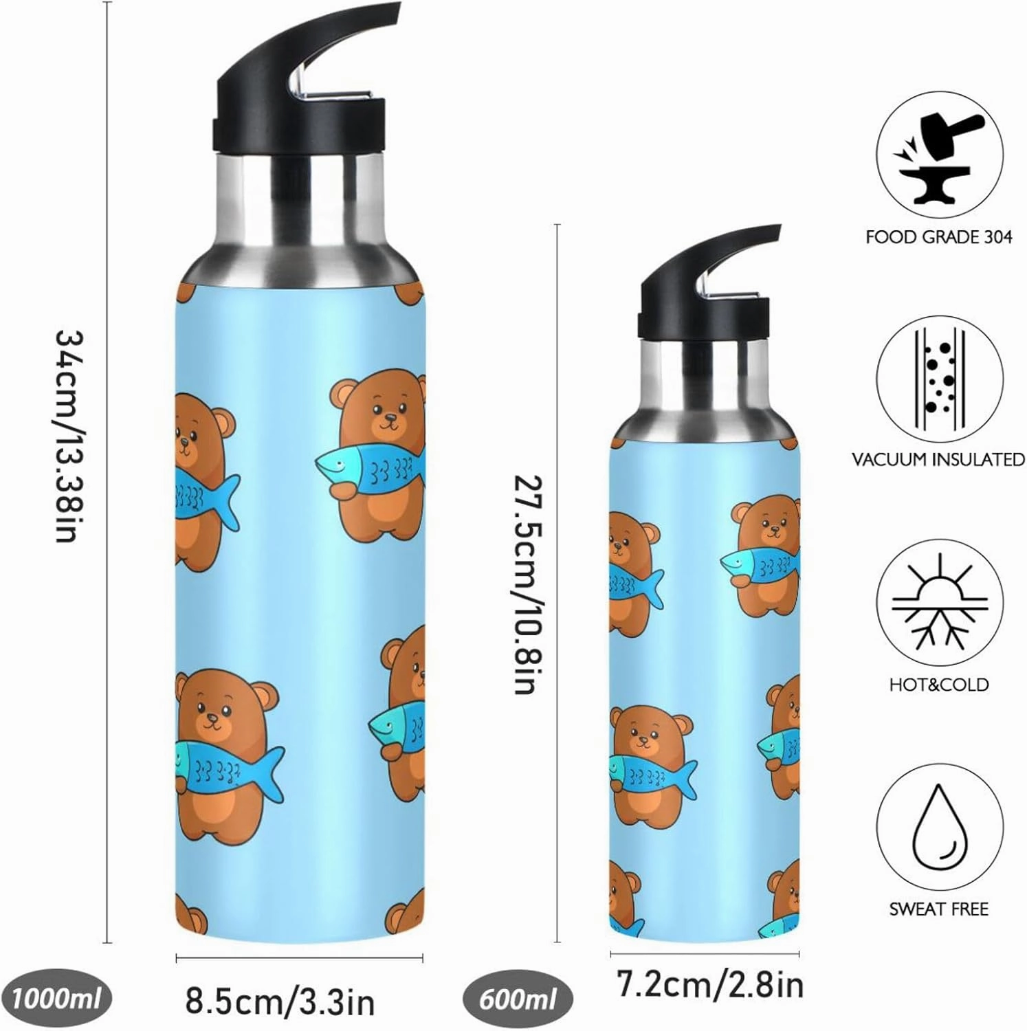 Cute Bear Sports Water Bottle with Straw, 22oz BPA Free Stainless Steel Vacuum Insulated Bottle for Gym Fitness Outdoor