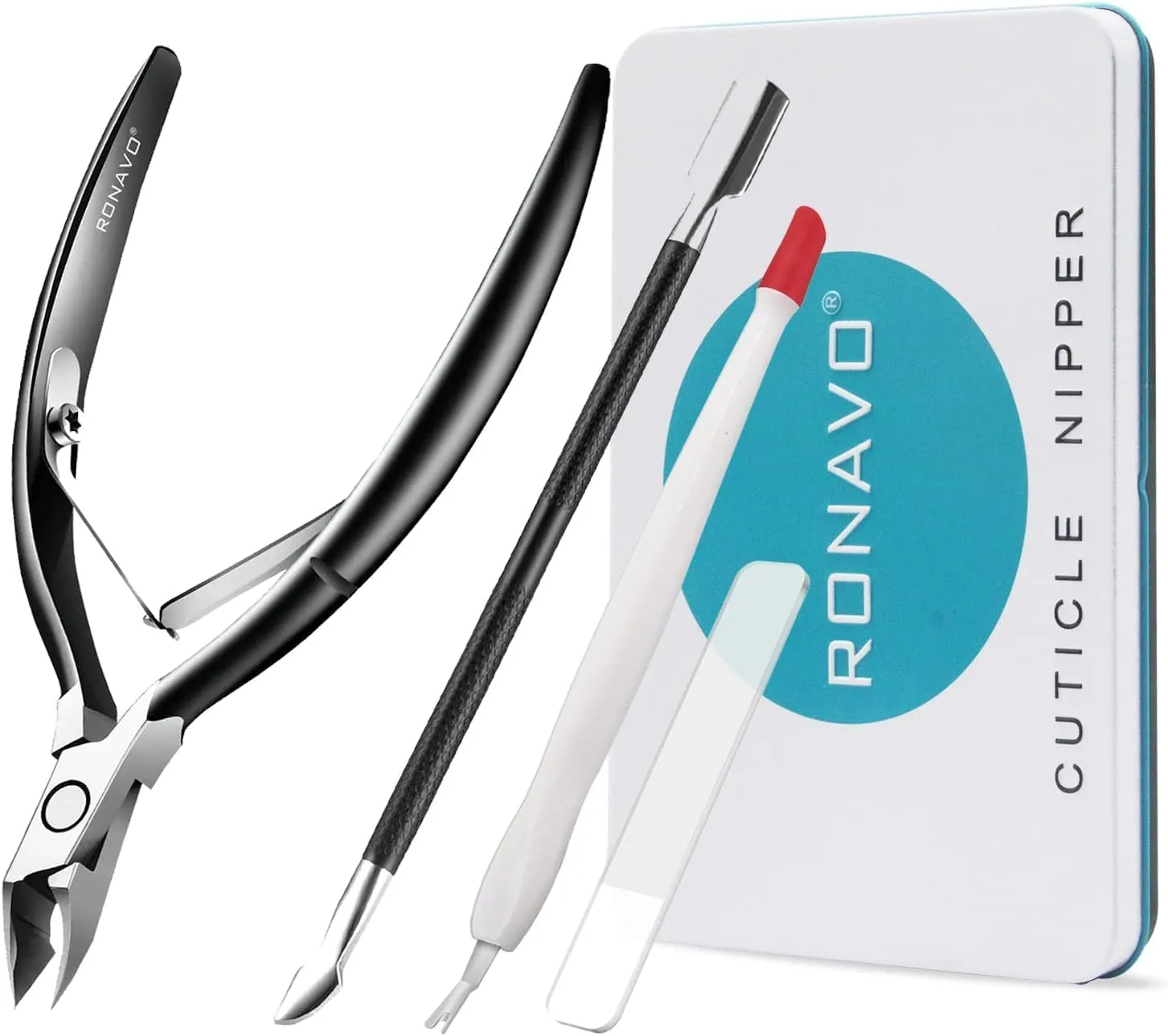 Cuticle Trimmer with Cuticle Pusher, RONAVO Cuticle Remover Stainless Steel Professional Cuticle Nipper, Durable Pedicure Manicure Tools (Matte Black)