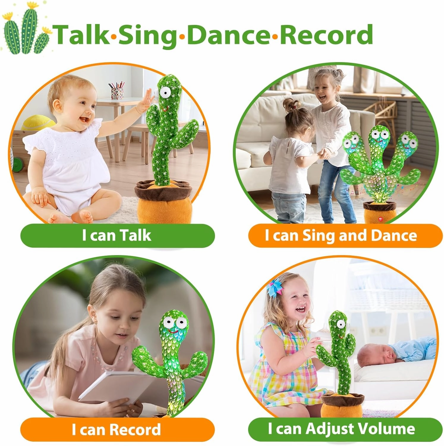 Dancing Talking Cactus Toy (Adjustable Volume) for Baby Toddler Boys Girls Gifts, Singing Cactus Mimicking Toy Recording Repeating What You Say Cactus Baby Toy (Non-rechargeable&Volume Adjustable)