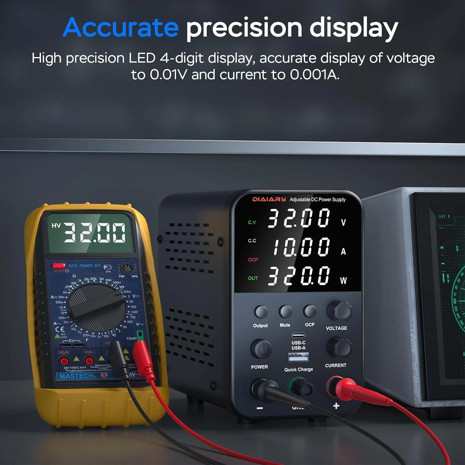 DC Power Supply Variable, 32V 10A Bench Power Supply with Encoder Knob, 4-Digits Display, Adjustable Regulated lab Power Supply with 5V 3.6A USB & Type-C Quick-Charge, Output Switch