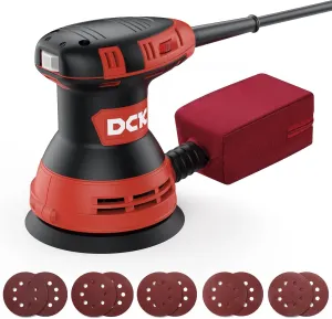 DCK Random Orbital Sander, 3.0 AMP Corded Palm Sander, 6 Speeds Max 12,000 OPM, 5-Inch with 10 pcs Sandpapers, Dust Bag, Low Vibration, Drywall Sander for Woodworking, Decoration Furniture (KSA125)