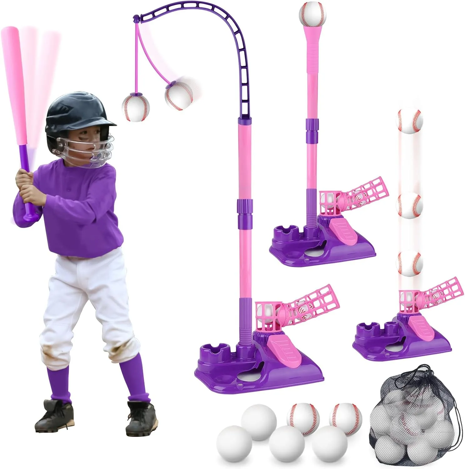 deAO Baseball Set for Kids,3-in-1Tee Ball Stand,Hanging Tee,Ball Launcher and 6 Balls, Adjustable Height,Outdoor Sport Toy Games for Boys & Girls, Kids Ages 3-12 Years