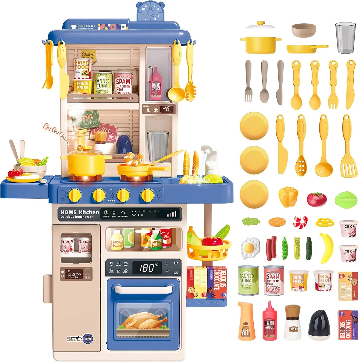 deAO Play Kitchen Set for Kids Boys 50PCS Kids Kitchen Playset Accessories with Sounds Light Steam Pretend Play Kitchen Toy Birthady Christams Gifts for Toddler Aged 3-12 Years