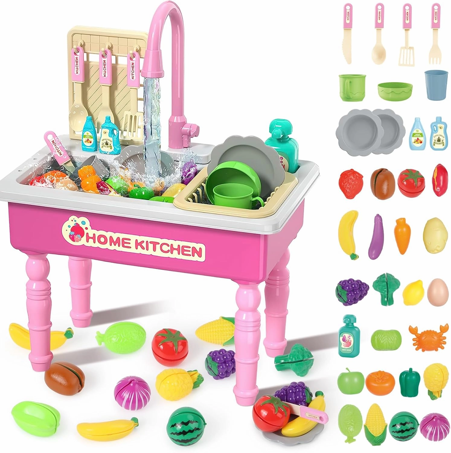 deAO Kitchen Toy Sink Toys with Cutting Food,Electric Dishwasher Playing Toy with Running Water, Role Playing Game Pretend Food,44 PCS Kitchen Accessories Set for 3 4 5 Years Old Girls Boys